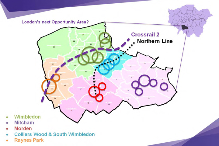 Map showing areas of Merton that present development opportunity, including Morden.