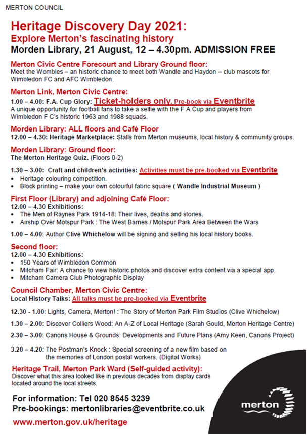 Link to PDF download of list of events at Merton Heritage Discovery Day 2021