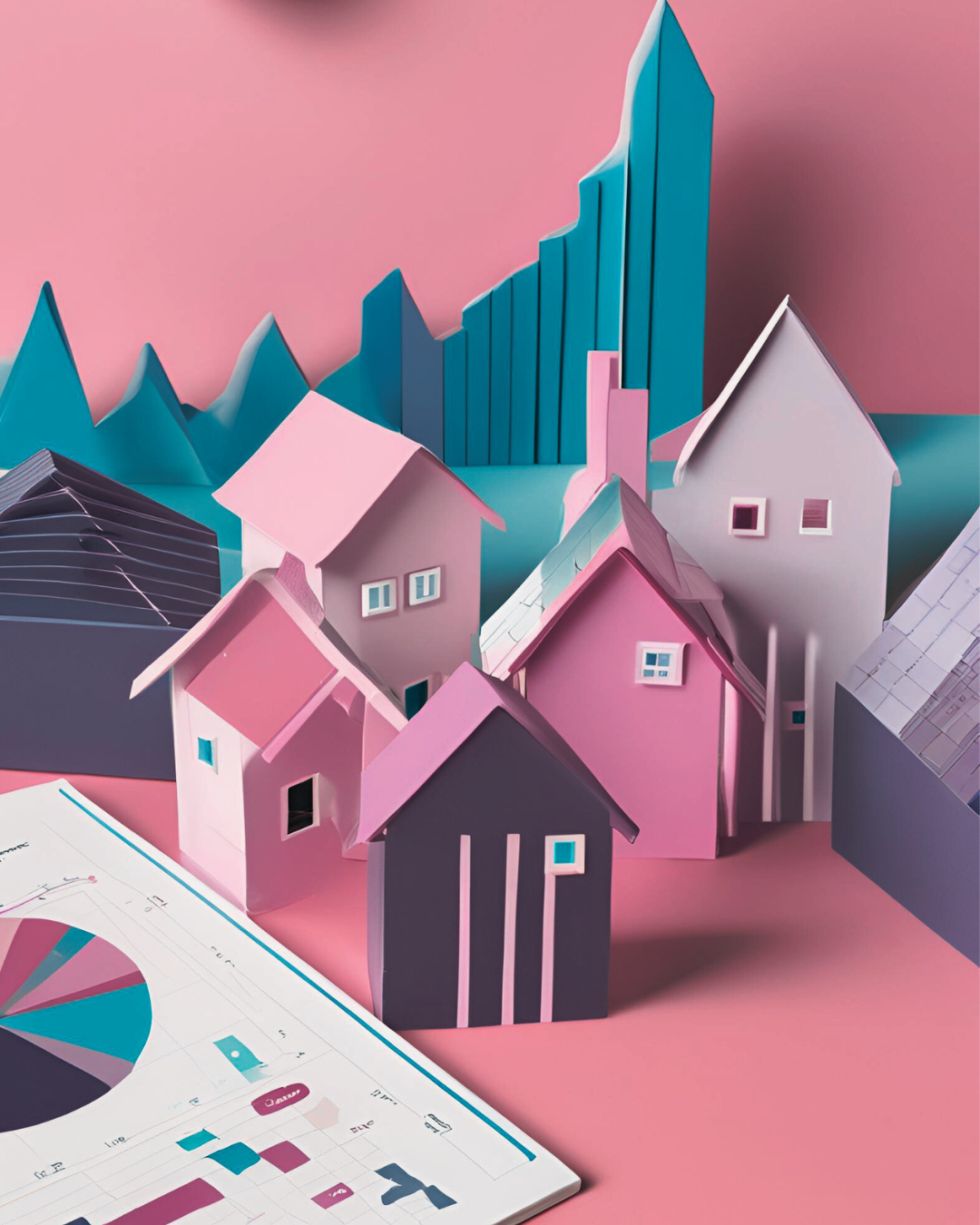 Illustration of a pie chart and graphs alongside carbaord cut out style houses to illustrate interest rates going up and down and how that affects house prices (AI generated)